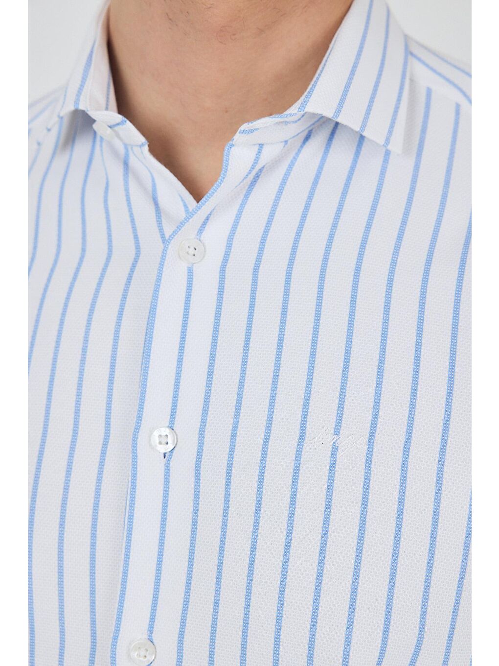 Koyu Mavi Yarım İtalyan Yaka Çizgili Desen Casual Slim Fit Gömlek 1004250216-4