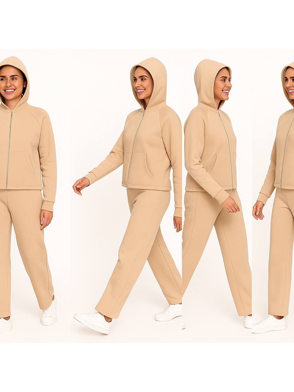 3 İplik Şardonlu Kapüşonlu Kadın Eşofman Takımı | Bej-1