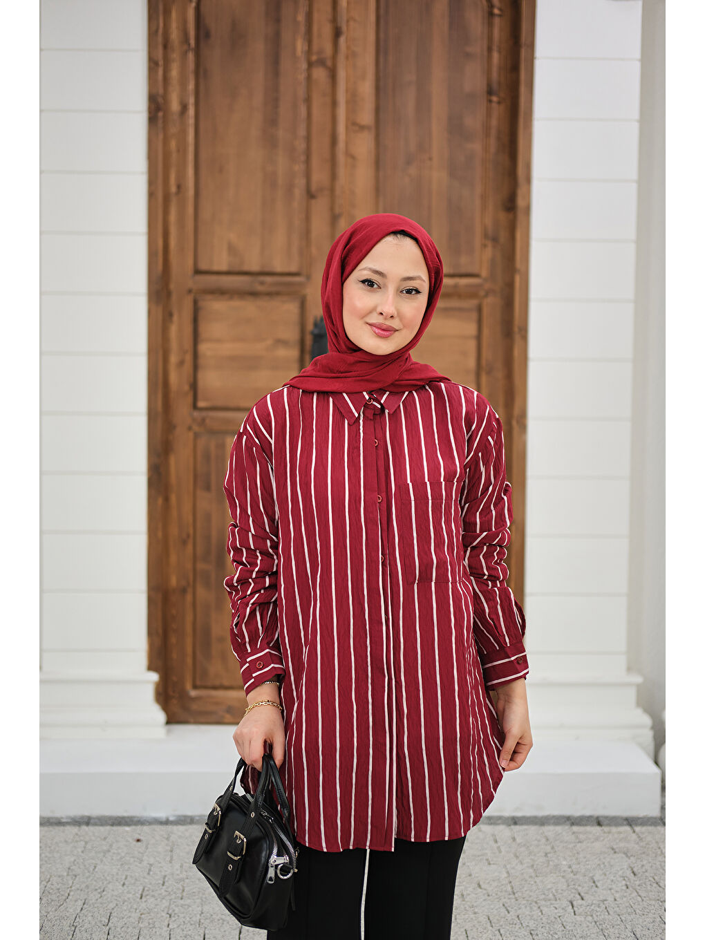 Kadın Kalın Çizgili Detay Gömlek Bordo-3