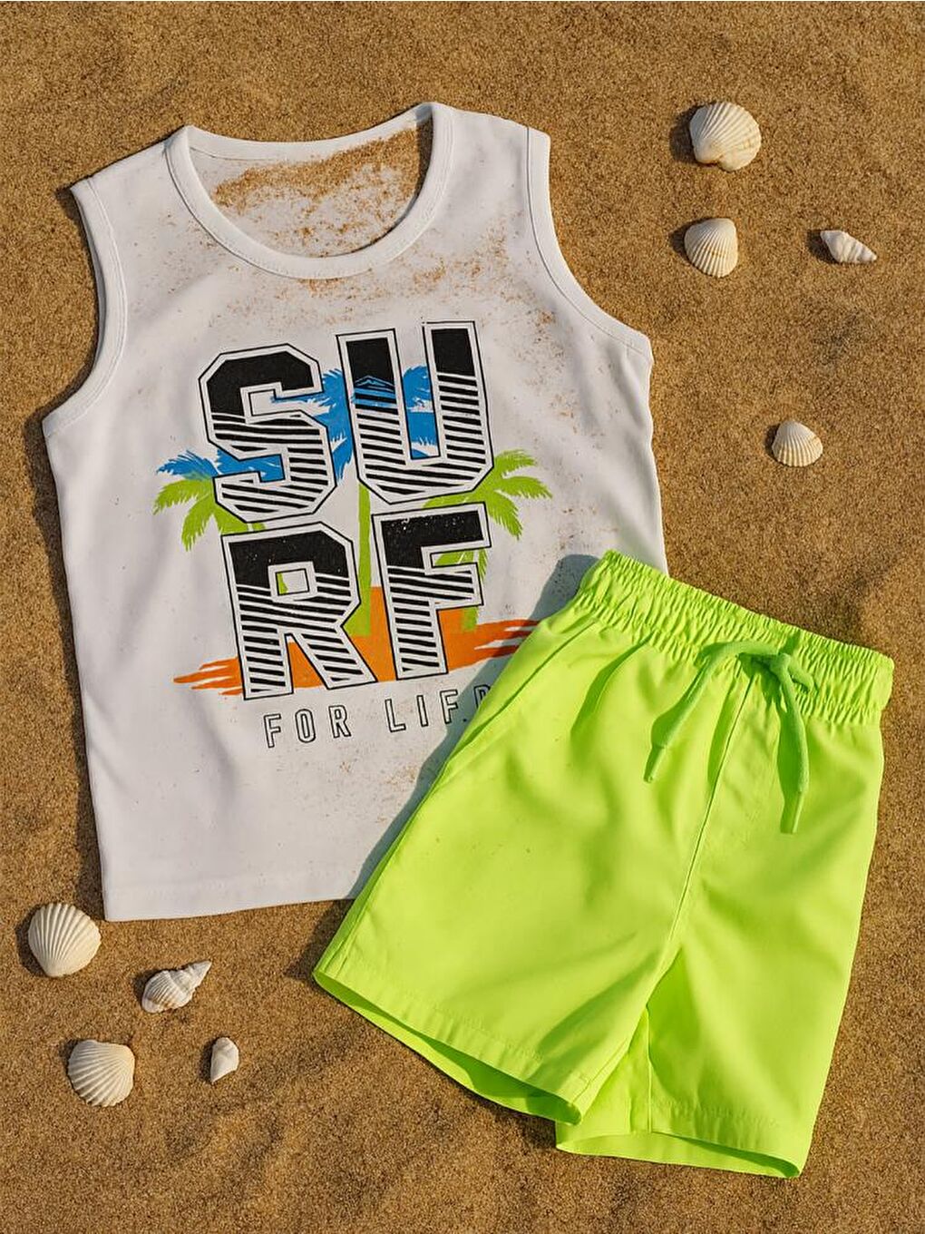 Beyaz Boys Surf Palmiye Baskılı 6-9 Yaş Tişört