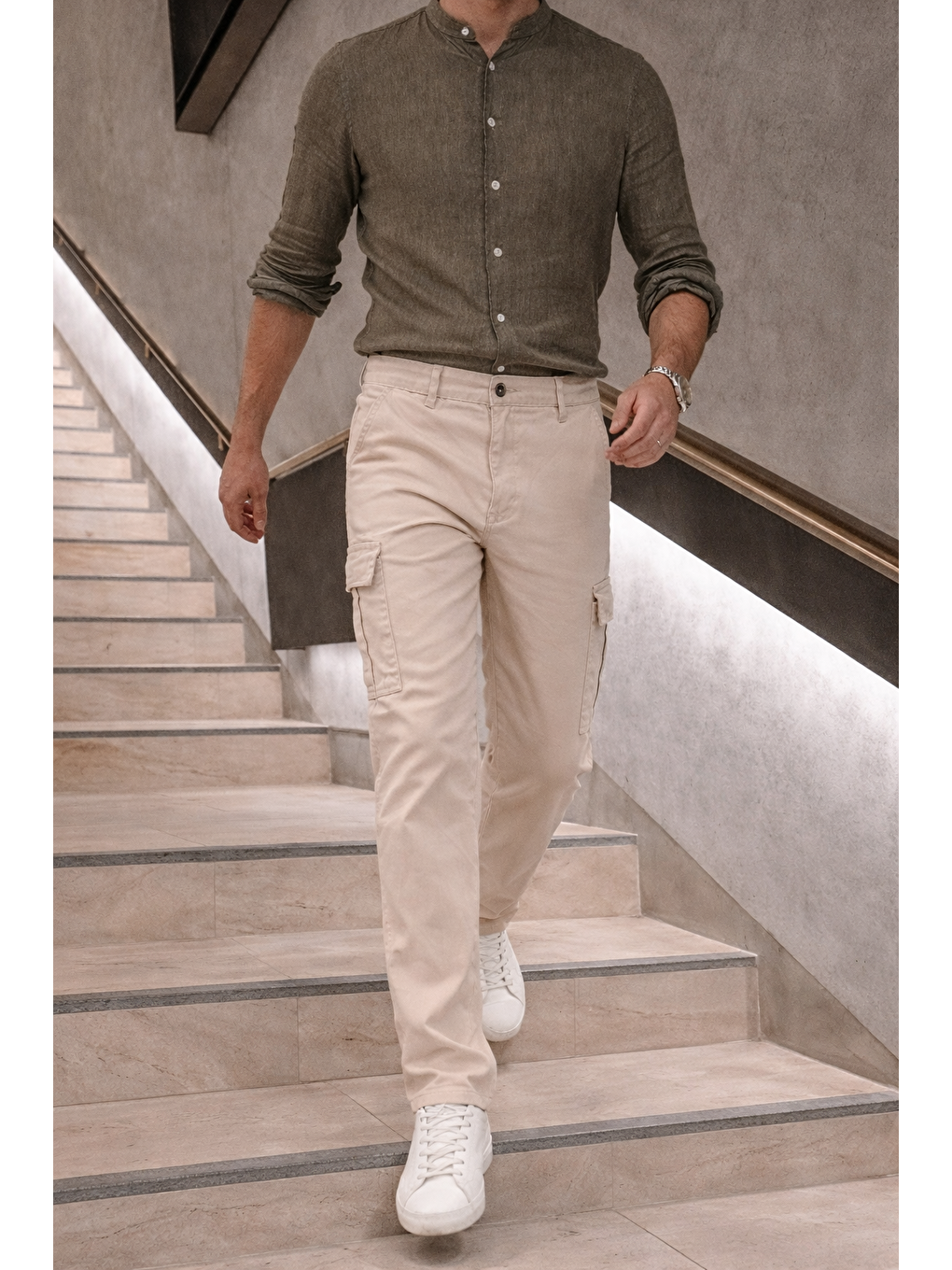 Erkek Yüksek Bel Bol Paça Bej Kargo Baggy Pantolon-1