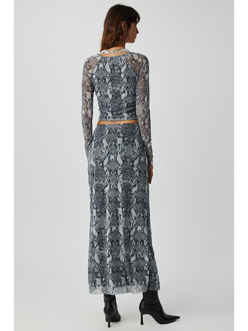 Beulah Kadın Maxi Boy Slim Fit Beli Lastikli Tül Batik Desenli Gri-siyah Etek-2