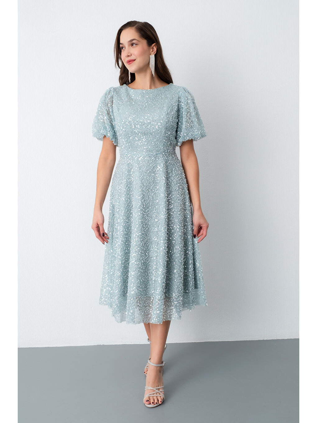 Kadın Mint Yeşili Balon Kol Pul Payet Midi Abiye Elbise-1