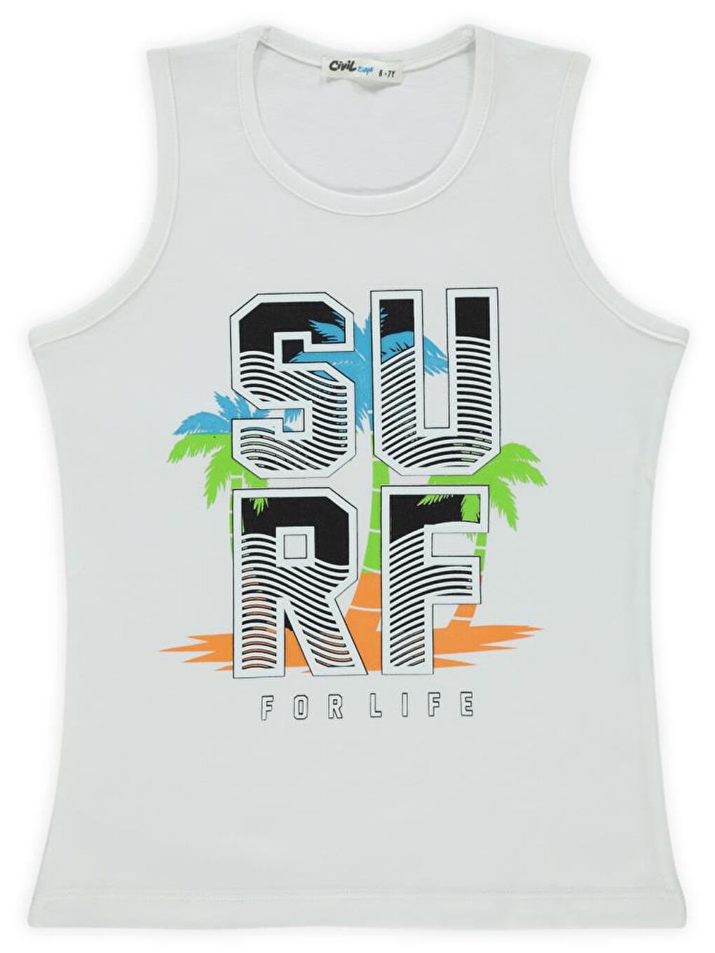 Beyaz Boys Surf Palmiye Baskılı 6-9 Yaş Tişört-1