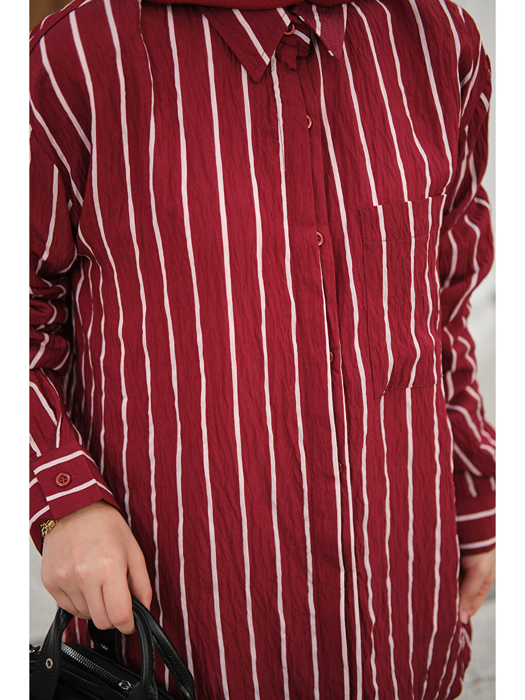 Kadın Kalın Çizgili Detay Gömlek Bordo-4