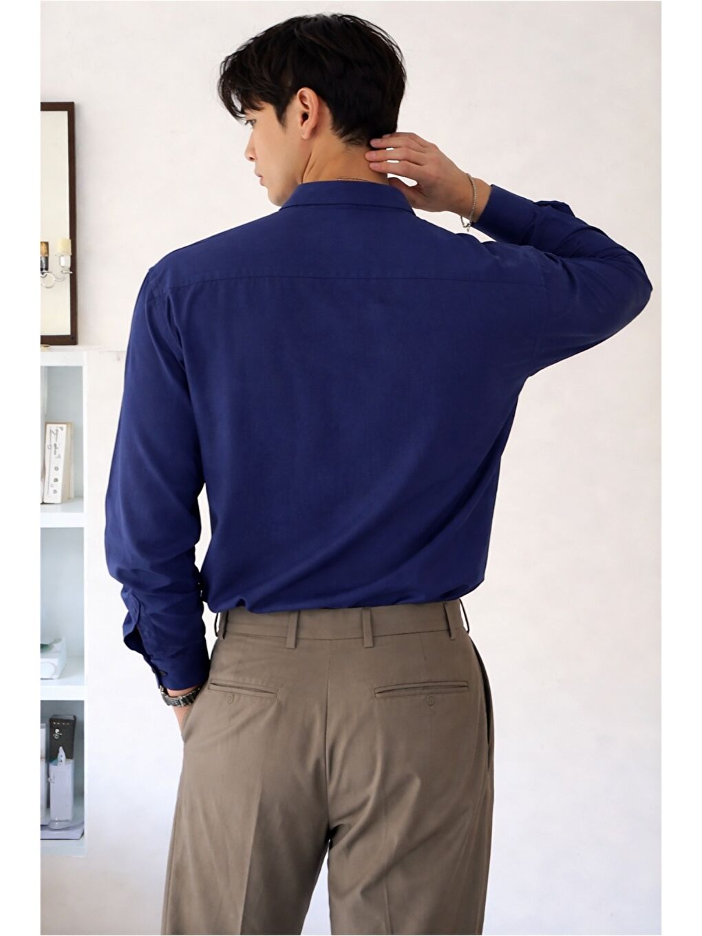 Lacivert Keten Karışımlı 3 Düğmeli Hakim Yaka Erkek Gömlek Slim Kesim Yazlık-2