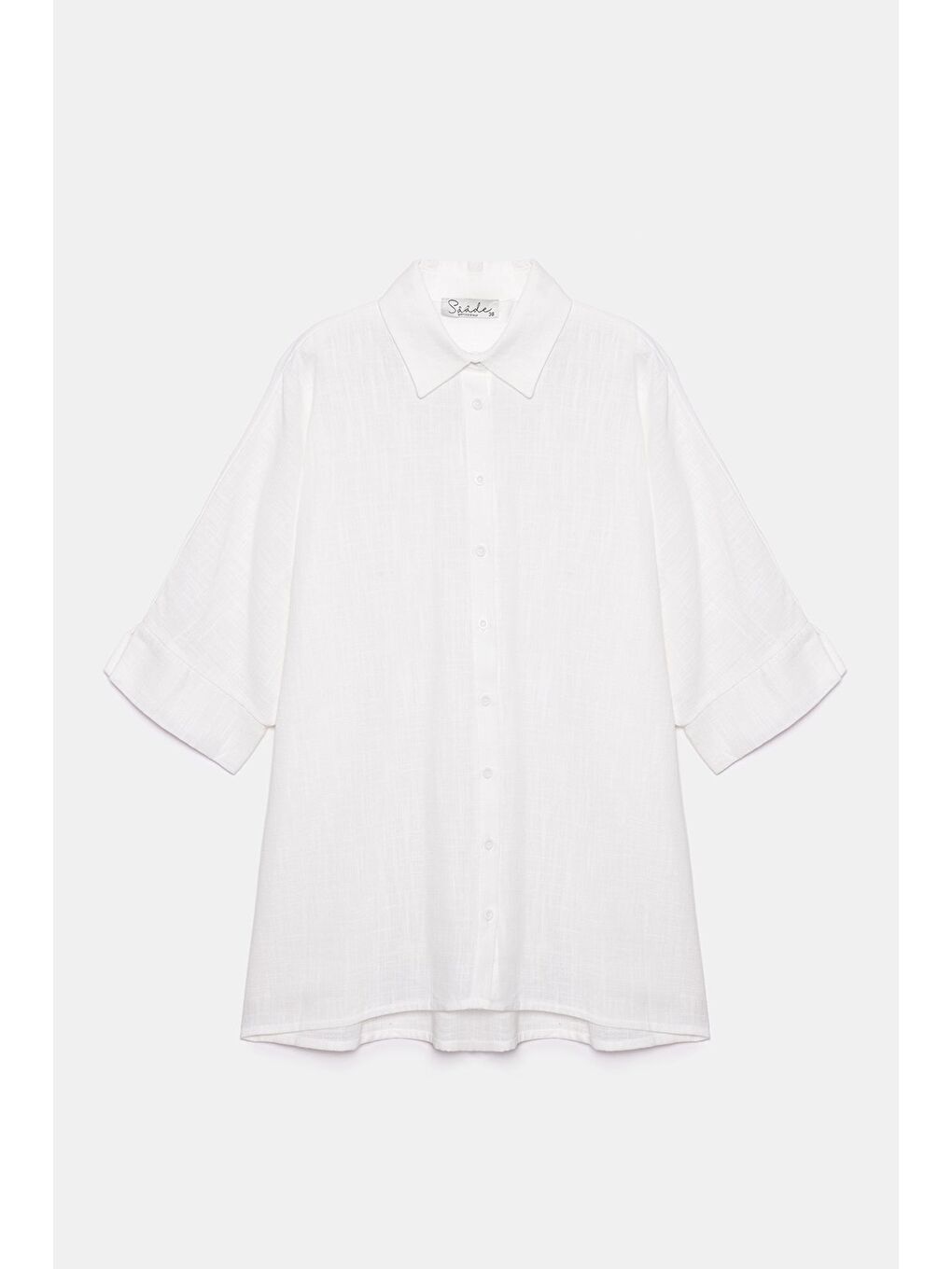 Beyaz Kadın Yarım Kol Rahat Kesim Oversize Gömlek - Keten