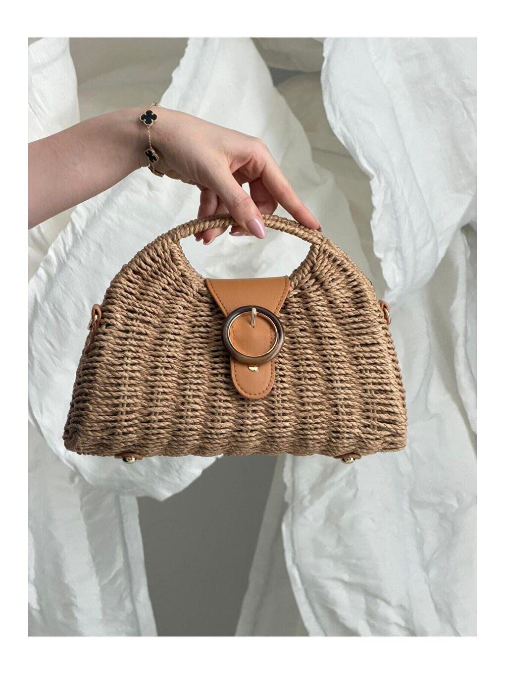 Bej Halka Tokalı Camel Hasır Çanta CNT1146