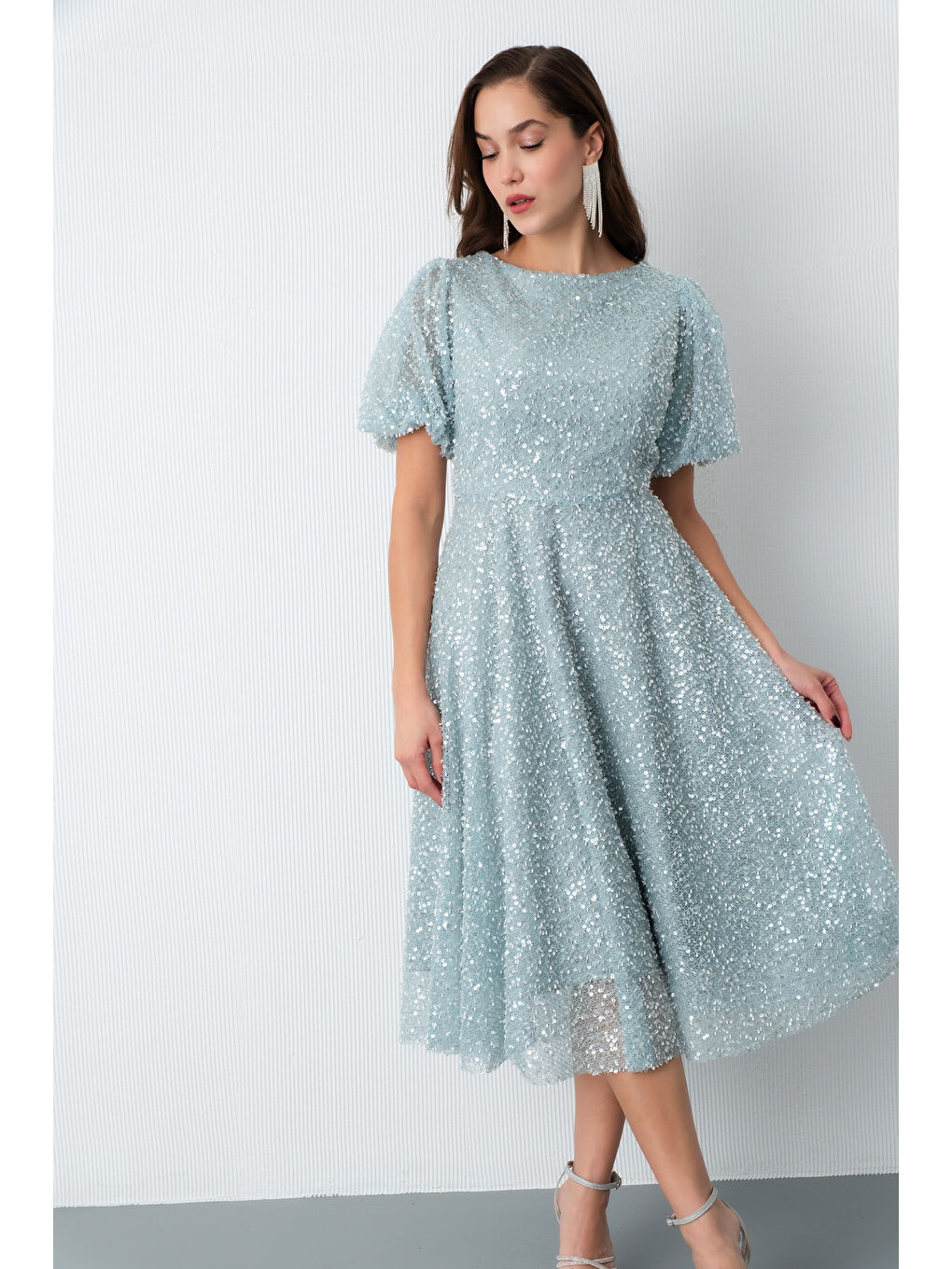 Kadın Mint Yeşili Balon Kol Pul Payet Midi Abiye Elbise-2