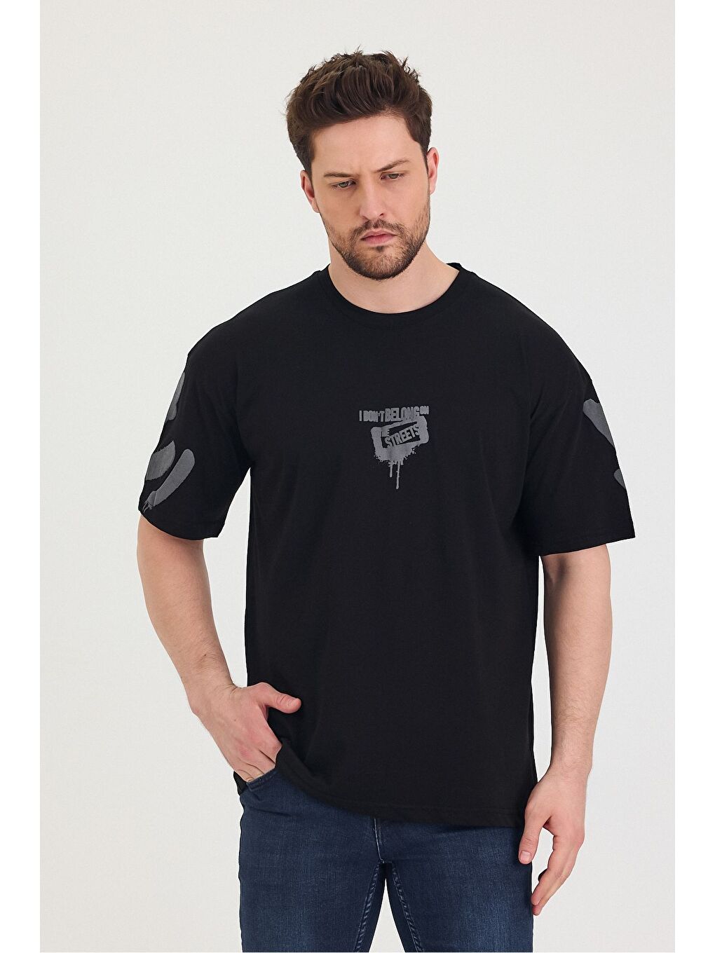 Siyah Bisiklet Yaka Oversize Ön ve Arka Baskılı Salaş Unisex Tişört-6