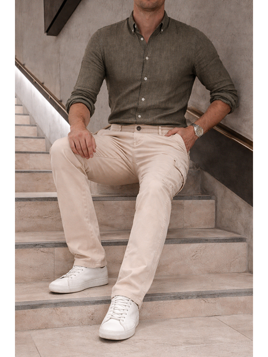 Erkek Yüksek Bel Bol Paça Bej Kargo Baggy Pantolon-2