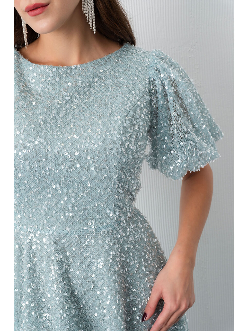 Kadın Mint Yeşili Balon Kol Pul Payet Midi Abiye Elbise-3