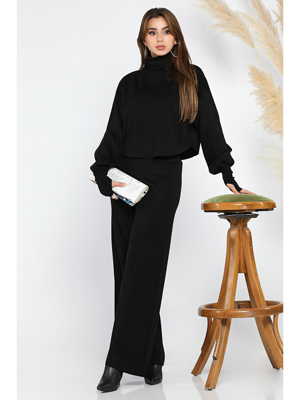 Siyah Crop Kazak Pantolon Triko İkili Takım-1