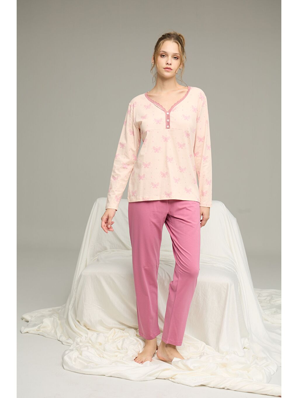 Pembe Somon Desenli Örme Pamuklu Pijama Takım25240261-1