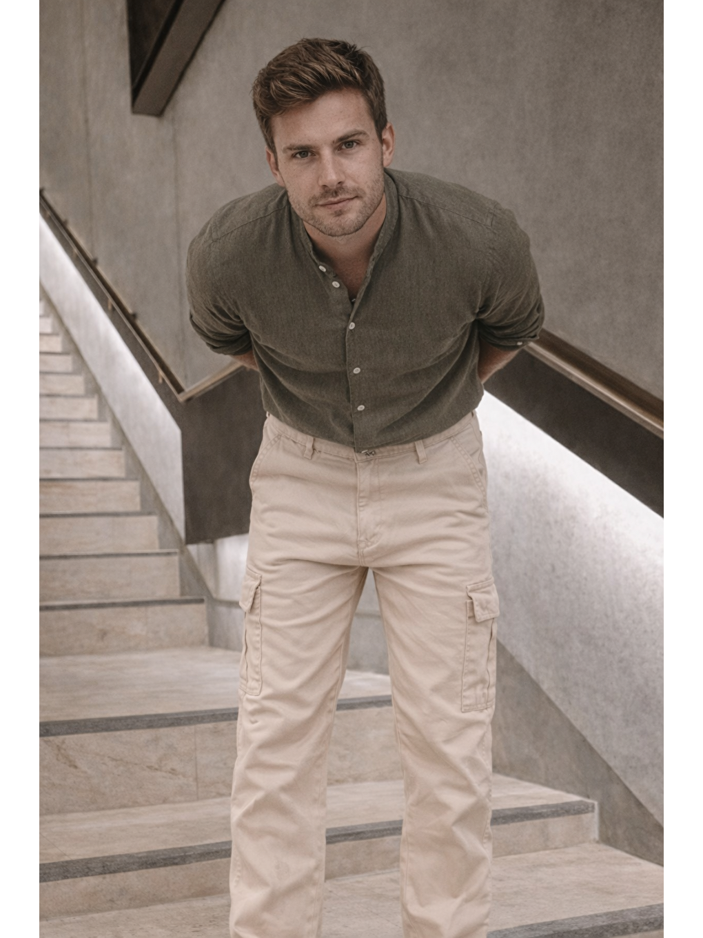 Erkek Yüksek Bel Bol Paça Bej Kargo Baggy Pantolon-3