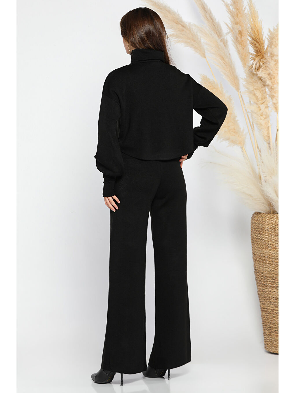 Siyah Crop Kazak Pantolon Triko İkili Takım-2