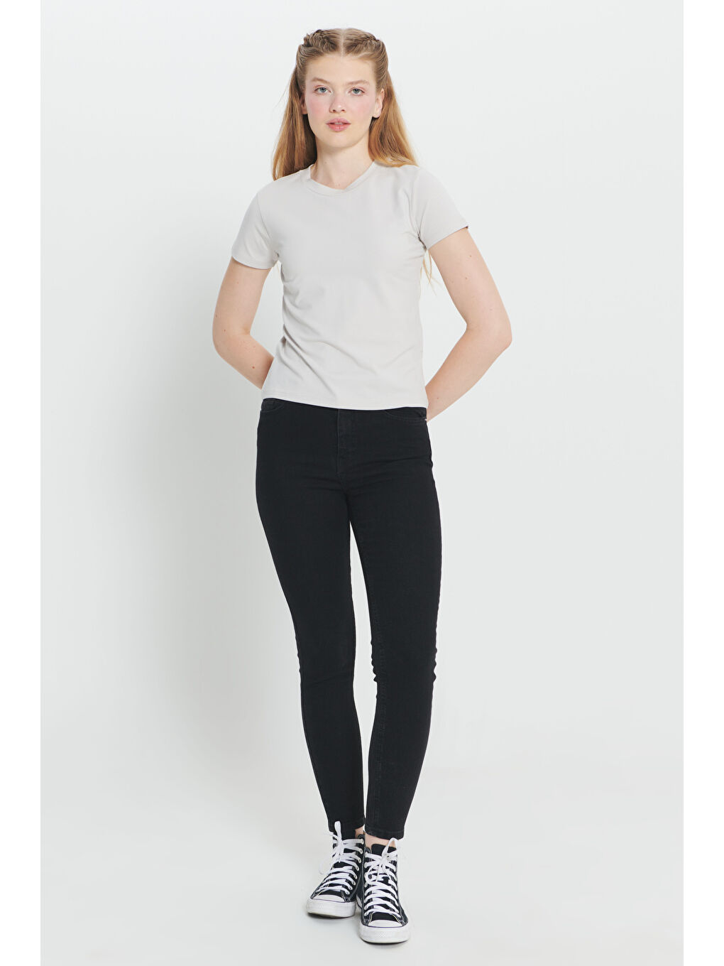 Bej Taş Slim Fit Dar Kesim Pamuklu Esnek Bisiklet Yaka Tişört-1