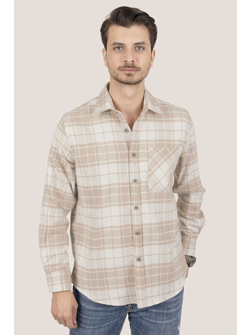 Kum Beji Geçişli Oversize (Geniş Kalıp) Kalın Oduncu Erkek Gömlek-4