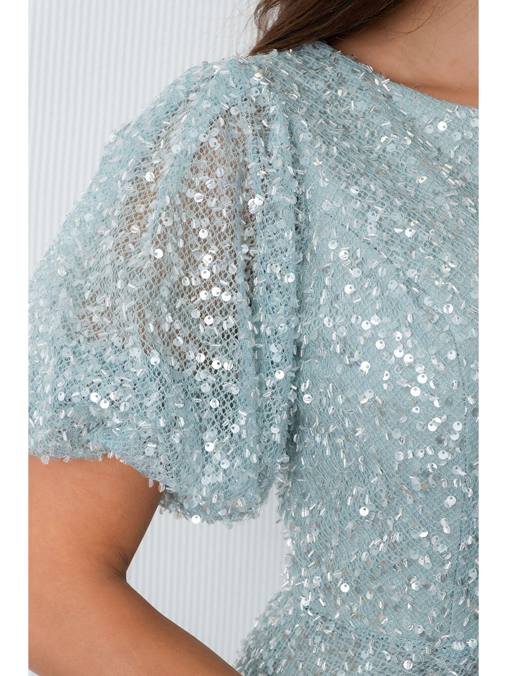 Kadın Mint Yeşili Balon Kol Pul Payet Midi Abiye Elbise-4