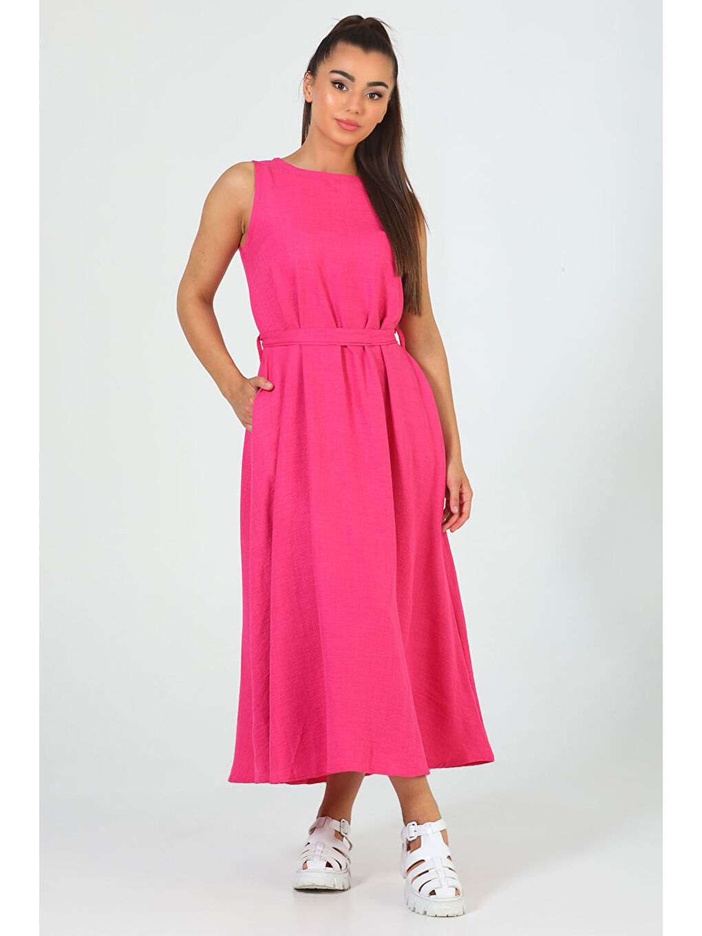 Fuşya Kadın Bisiklet Yaka Cep Detaylı Bel Kuşaklı Uzun Elbise