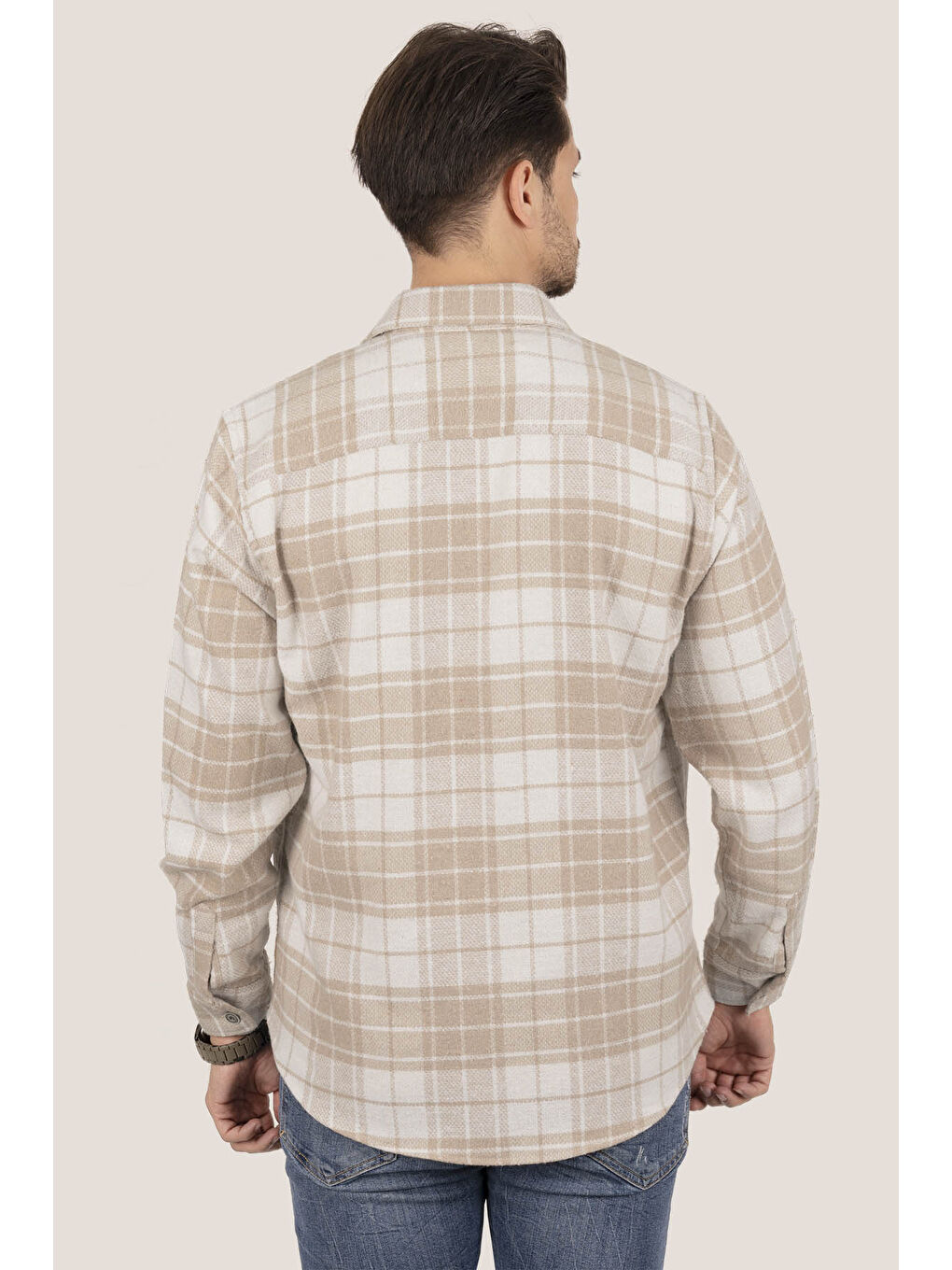 Kum Beji Geçişli Oversize (Geniş Kalıp) Kalın Oduncu Erkek Gömlek-6