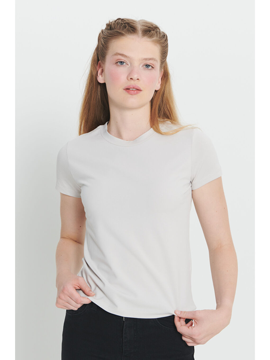 Bej Taş Slim Fit Dar Kesim Pamuklu Esnek Bisiklet Yaka Tişört-2