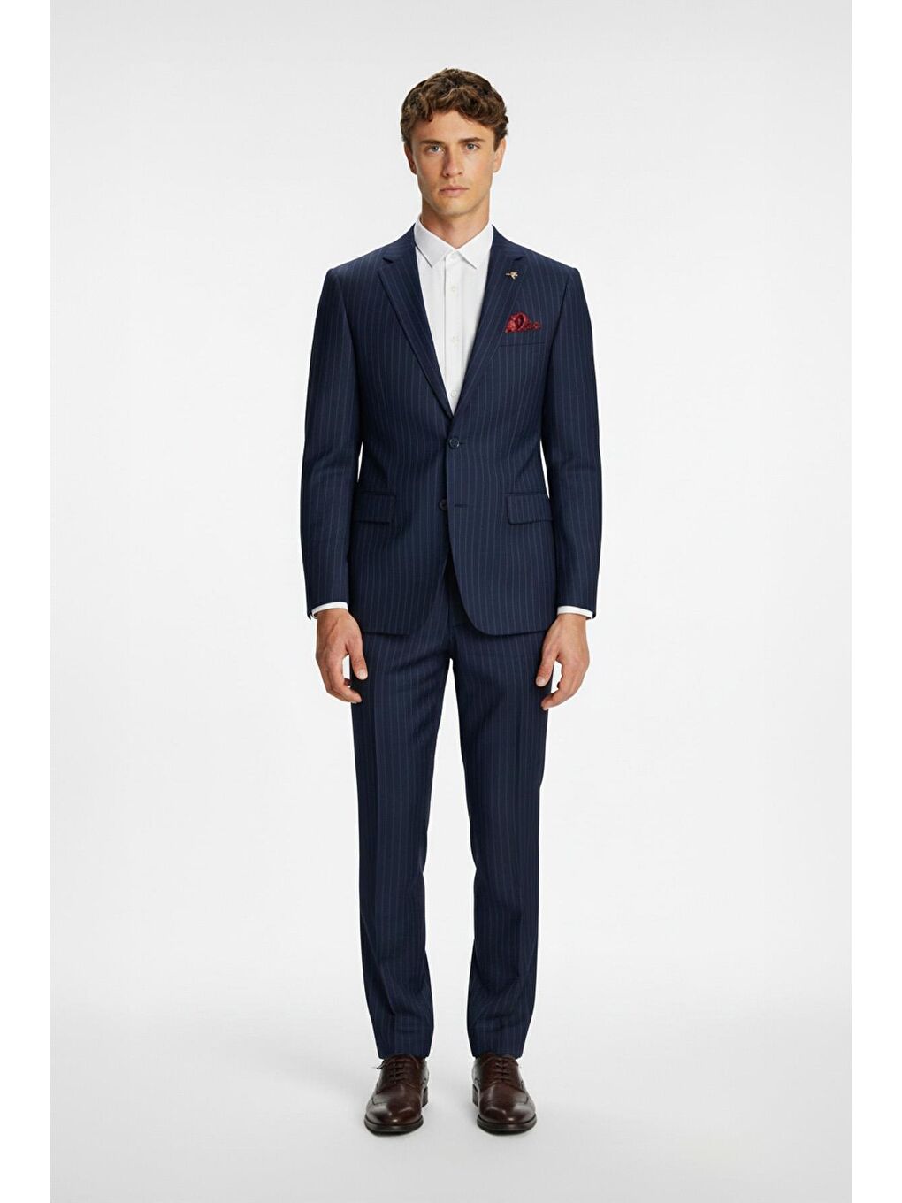 Lacivert Slim Fit Çizgili Mono Yaka Takım Elbise-1