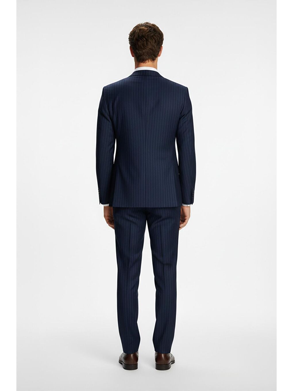 Lacivert Slim Fit Çizgili Mono Yaka Takım Elbise-2