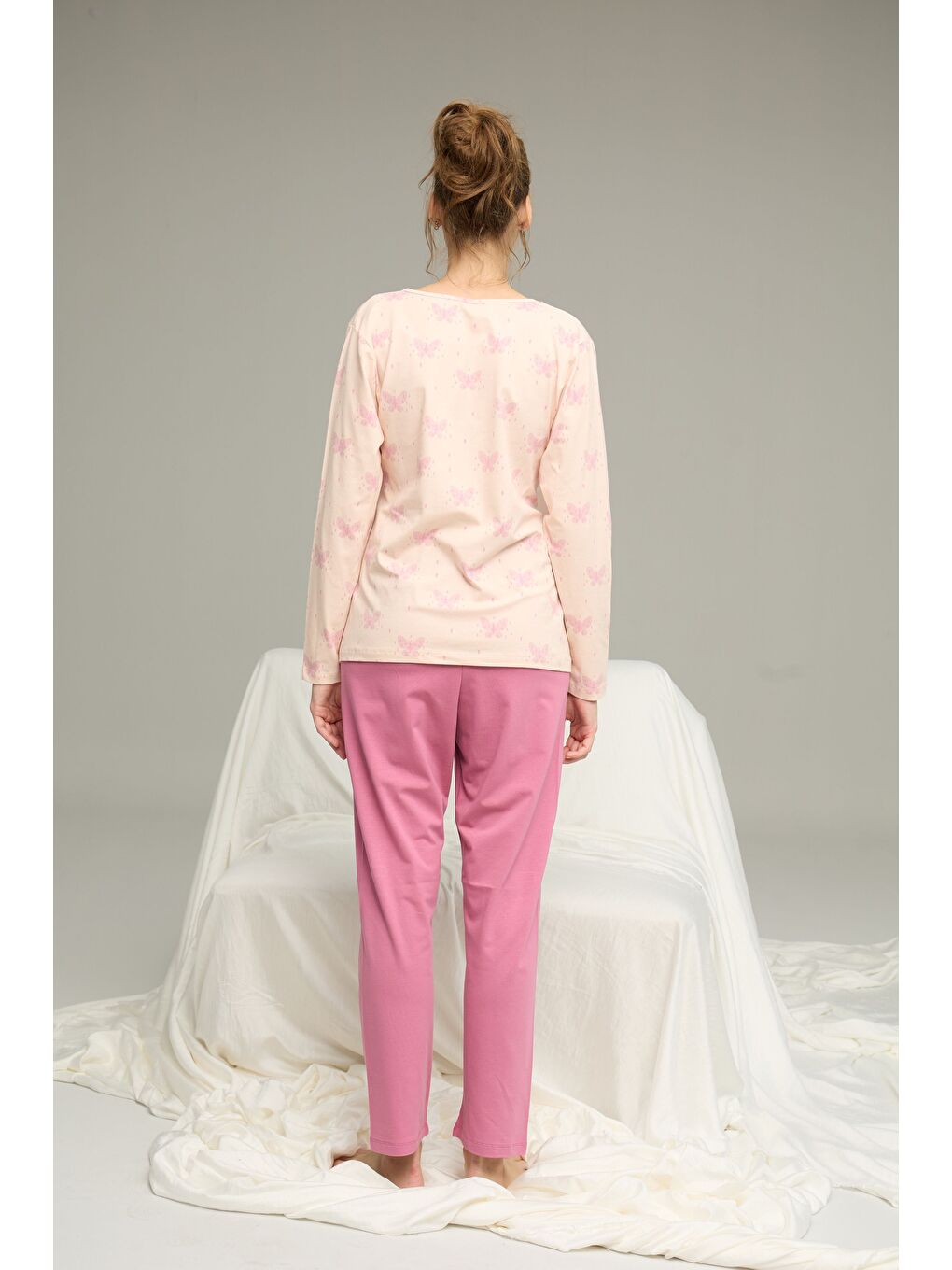 Pembe Somon Desenli Örme Pamuklu Pijama Takım25240261-2