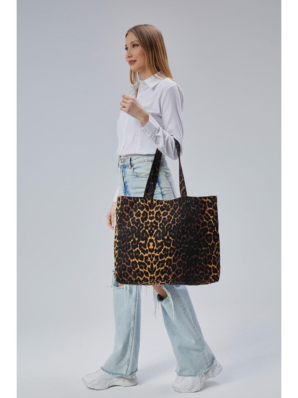 Kahverengi Geçişli Leopar Desen Büyük Boy Çanta-3