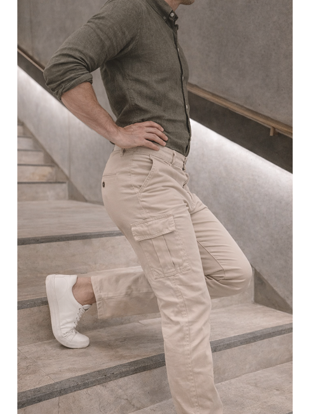 Erkek Yüksek Bel Bol Paça Bej Kargo Baggy Pantolon-4