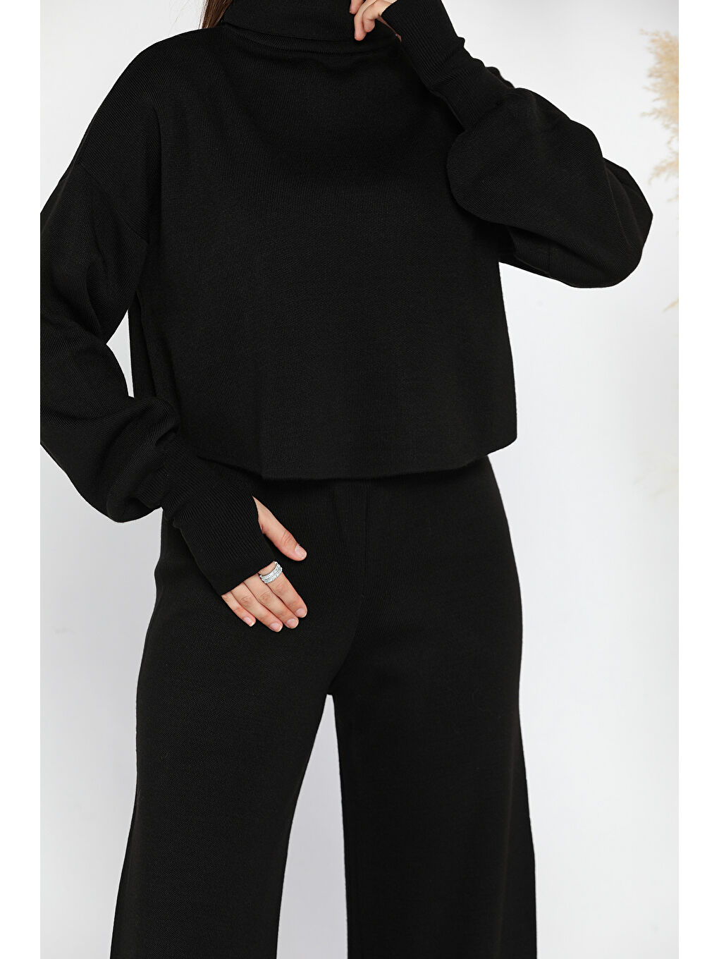 Siyah Crop Kazak Pantolon Triko İkili Takım-3