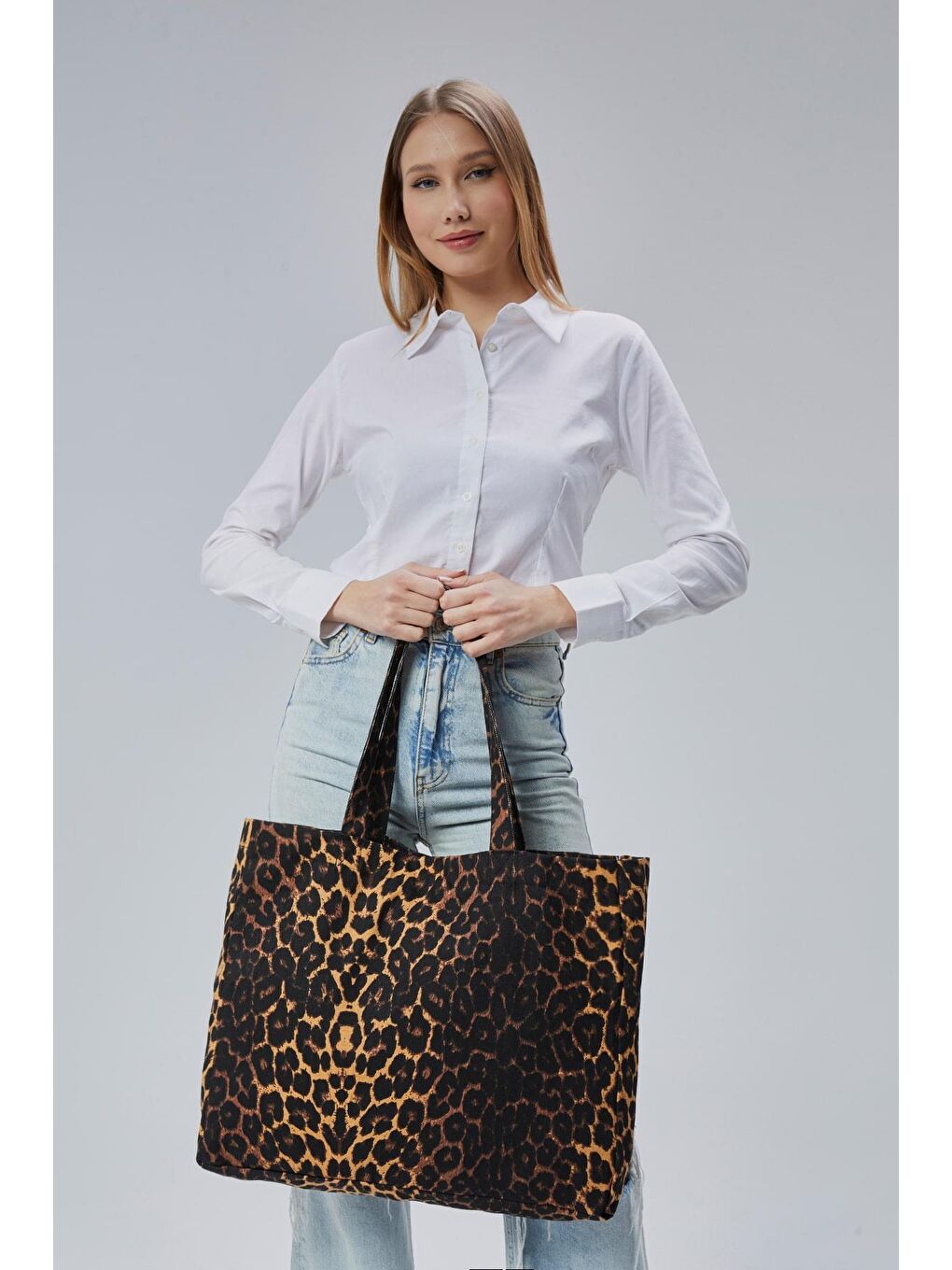 Kahverengi Geçişli Leopar Desen Büyük Boy Çanta-4