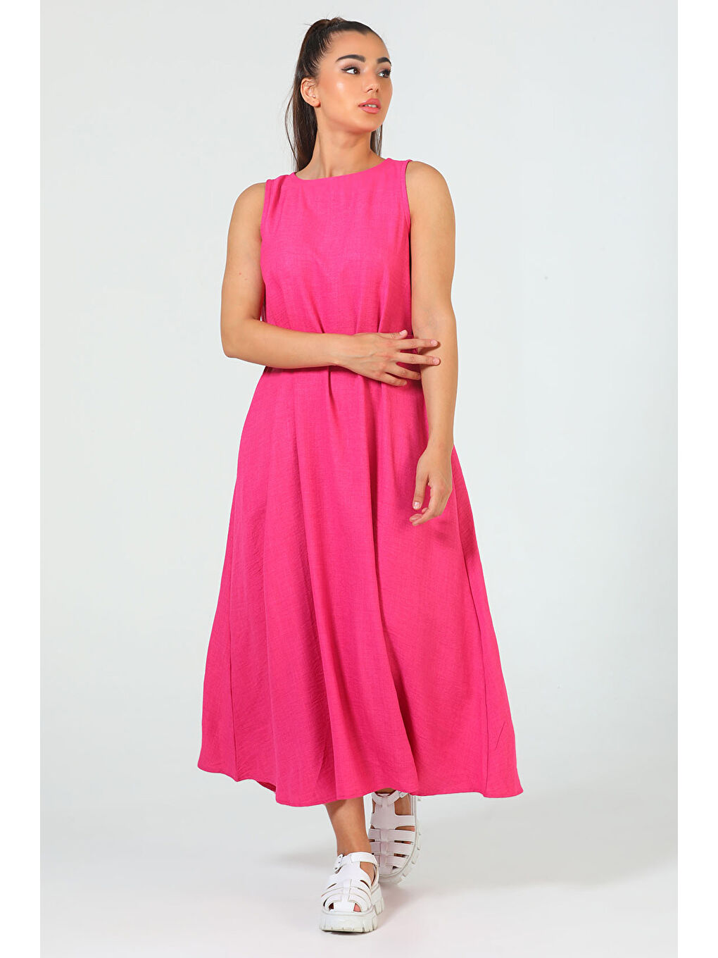 Fuşya Kadın Bisiklet Yaka Cep Detaylı Bel Kuşaklı Uzun Elbise-1