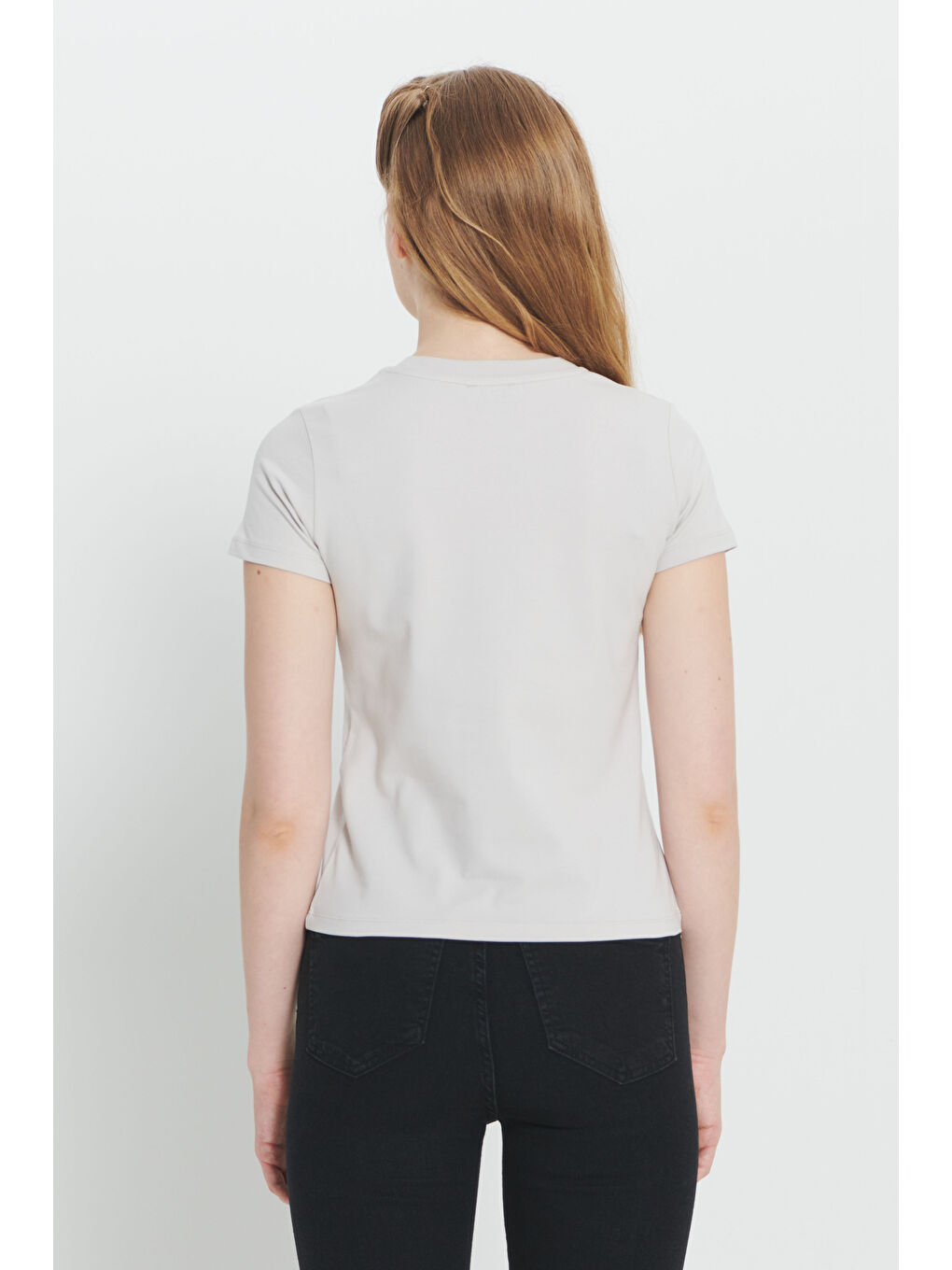 Bej Taş Slim Fit Dar Kesim Pamuklu Esnek Bisiklet Yaka Tişört-4