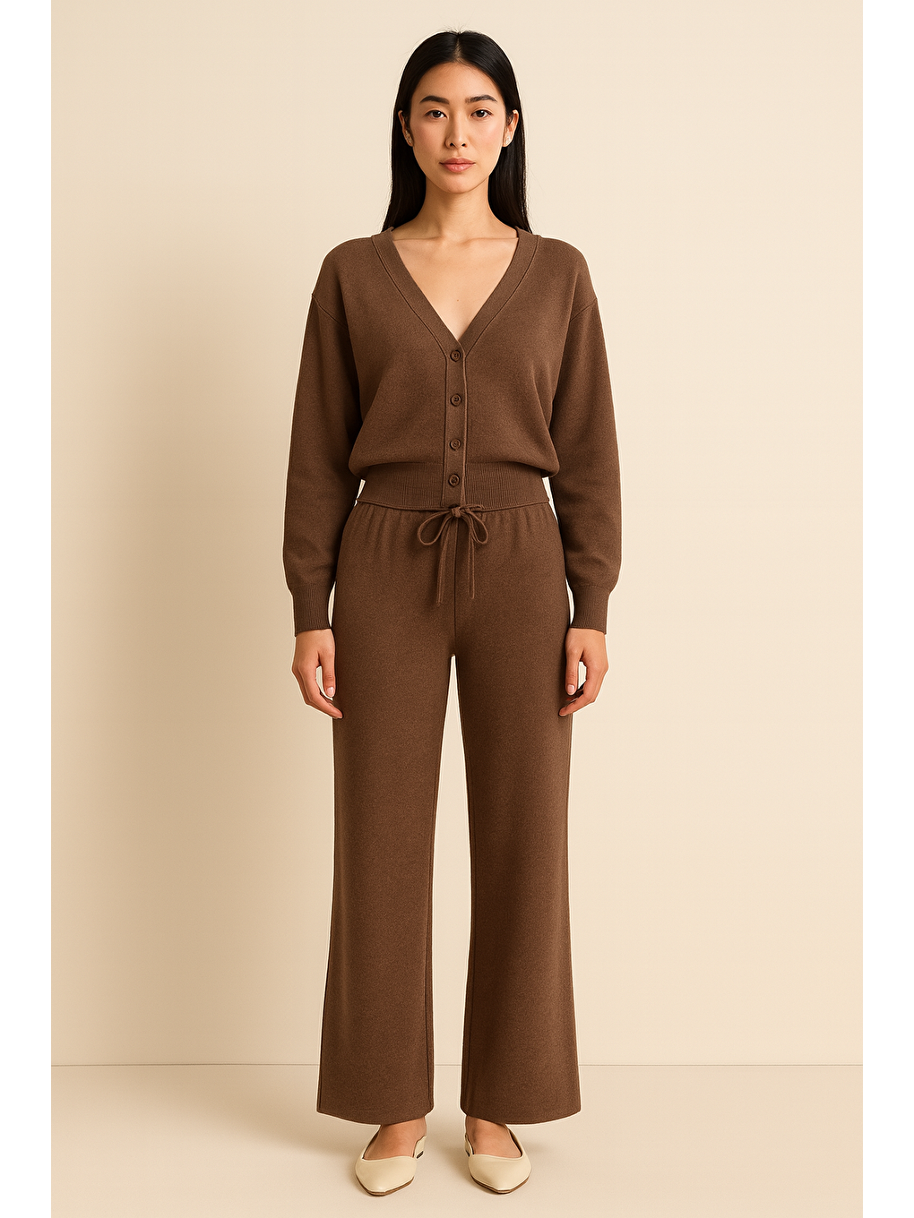 Ottoman Kumaş Düğmeli Hırkalı Uzun Kollu Alt Üst Takım | Kahverengi-1