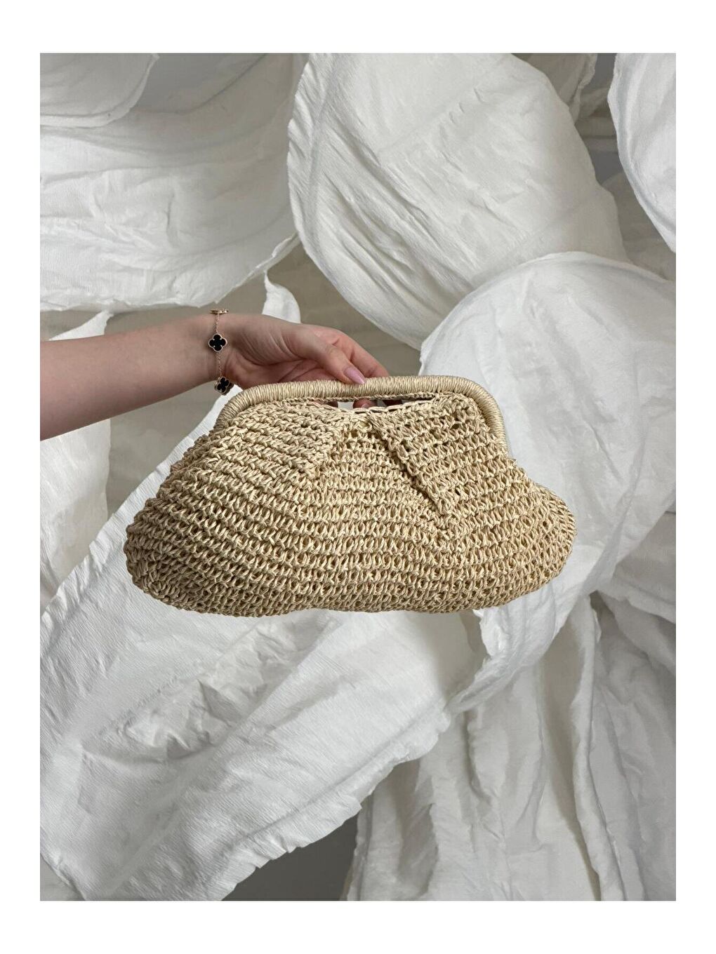 Büzgülü Bej Hasır Çanta CNT1138