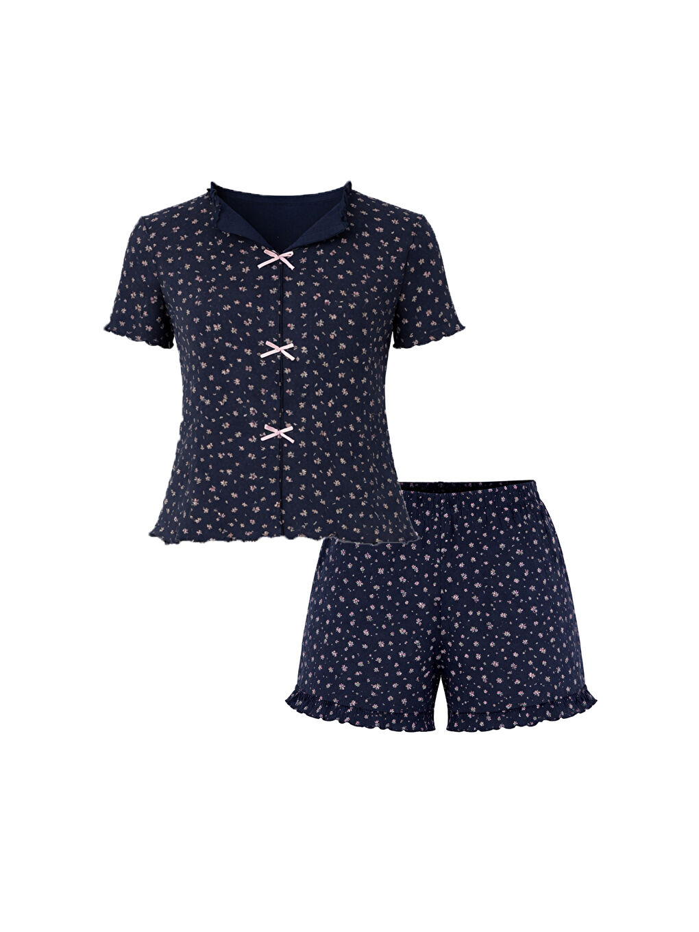 Lacivert Kadın Çiçek Desenli Fiyonklu Kaşkorse Kısa Kollu Şort Takım