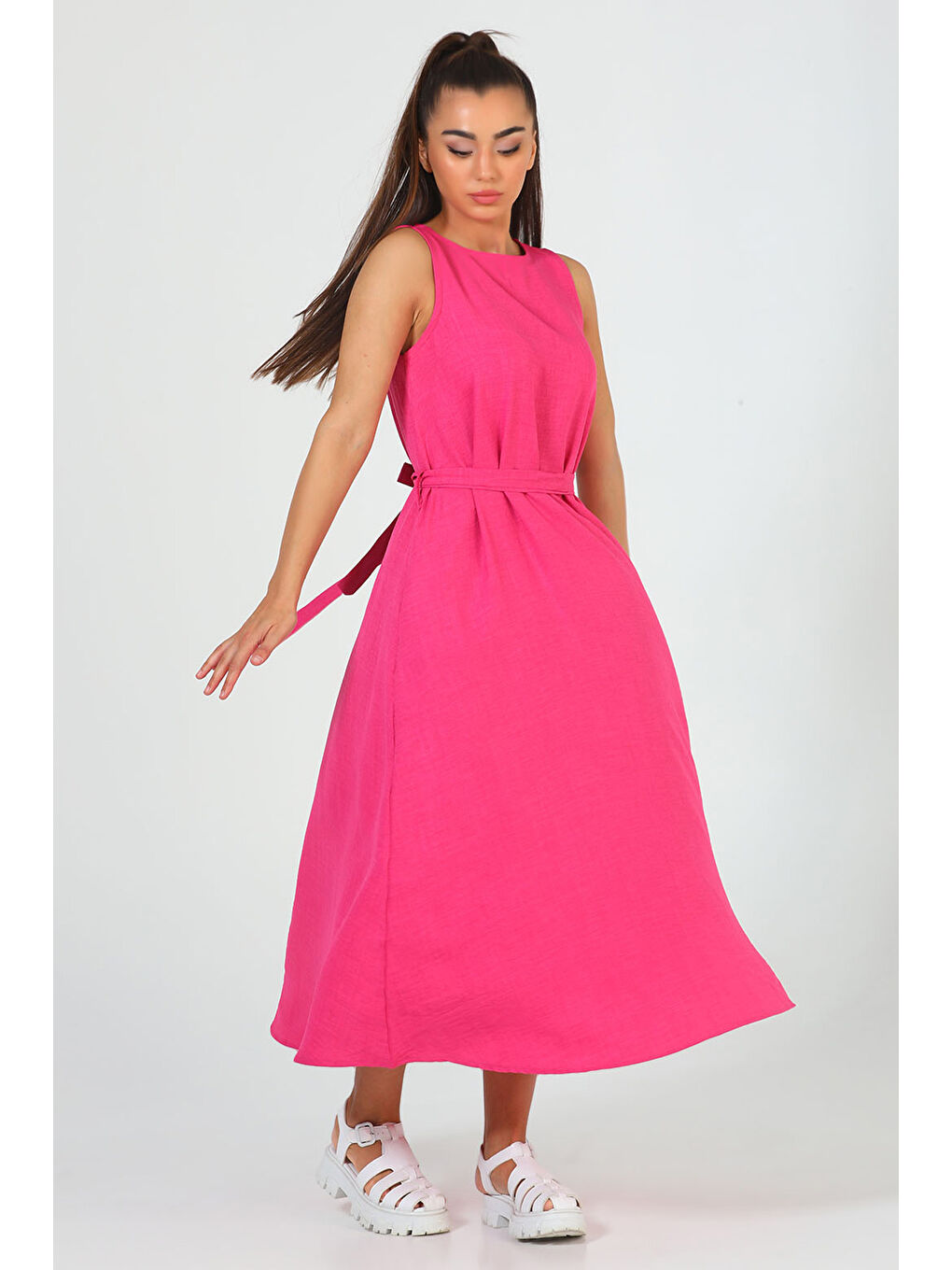 Fuşya Kadın Bisiklet Yaka Cep Detaylı Bel Kuşaklı Uzun Elbise-2