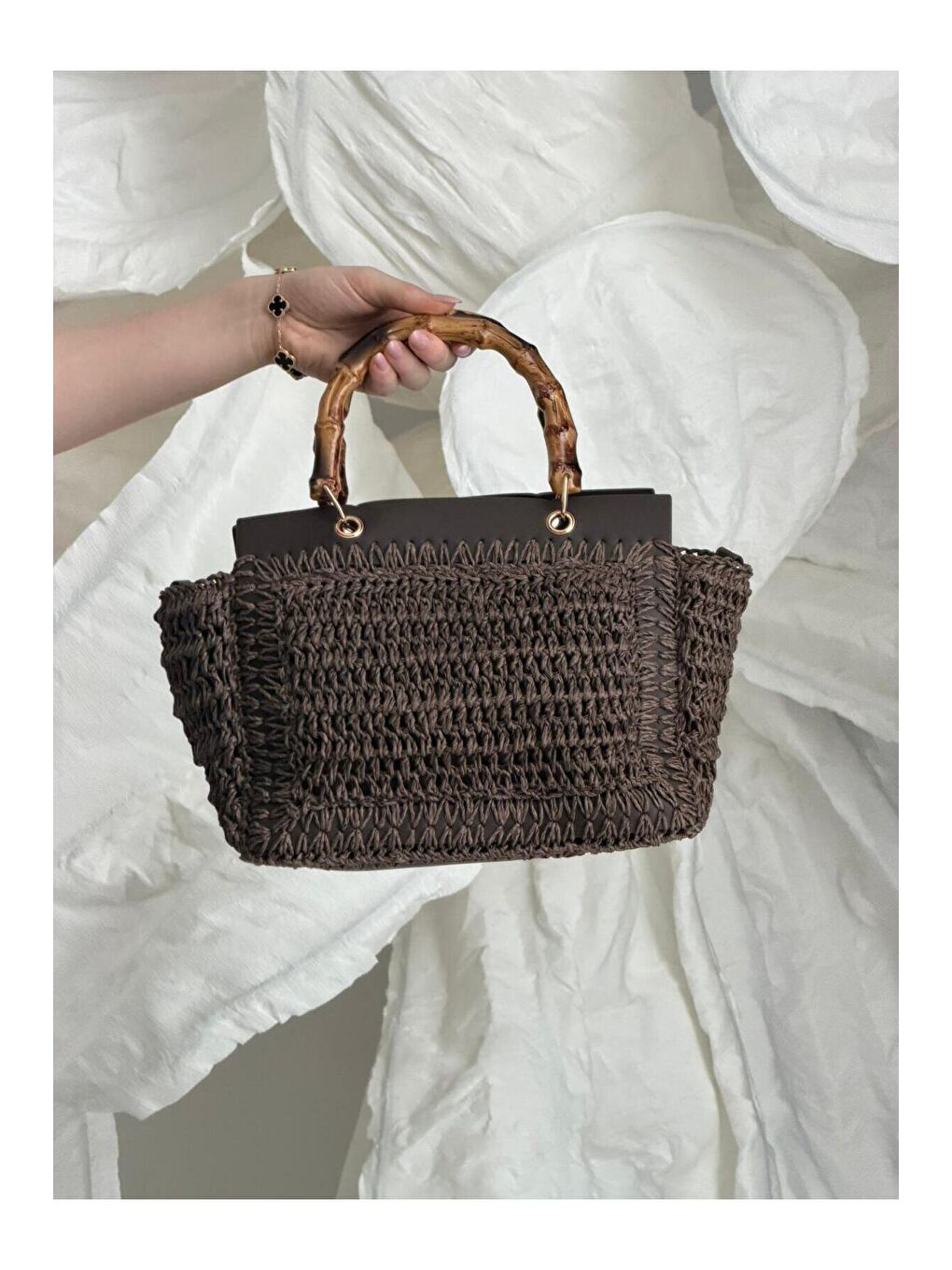 Kahverengi Bambu Saplı Kahve Hasır Çanta CNT1115