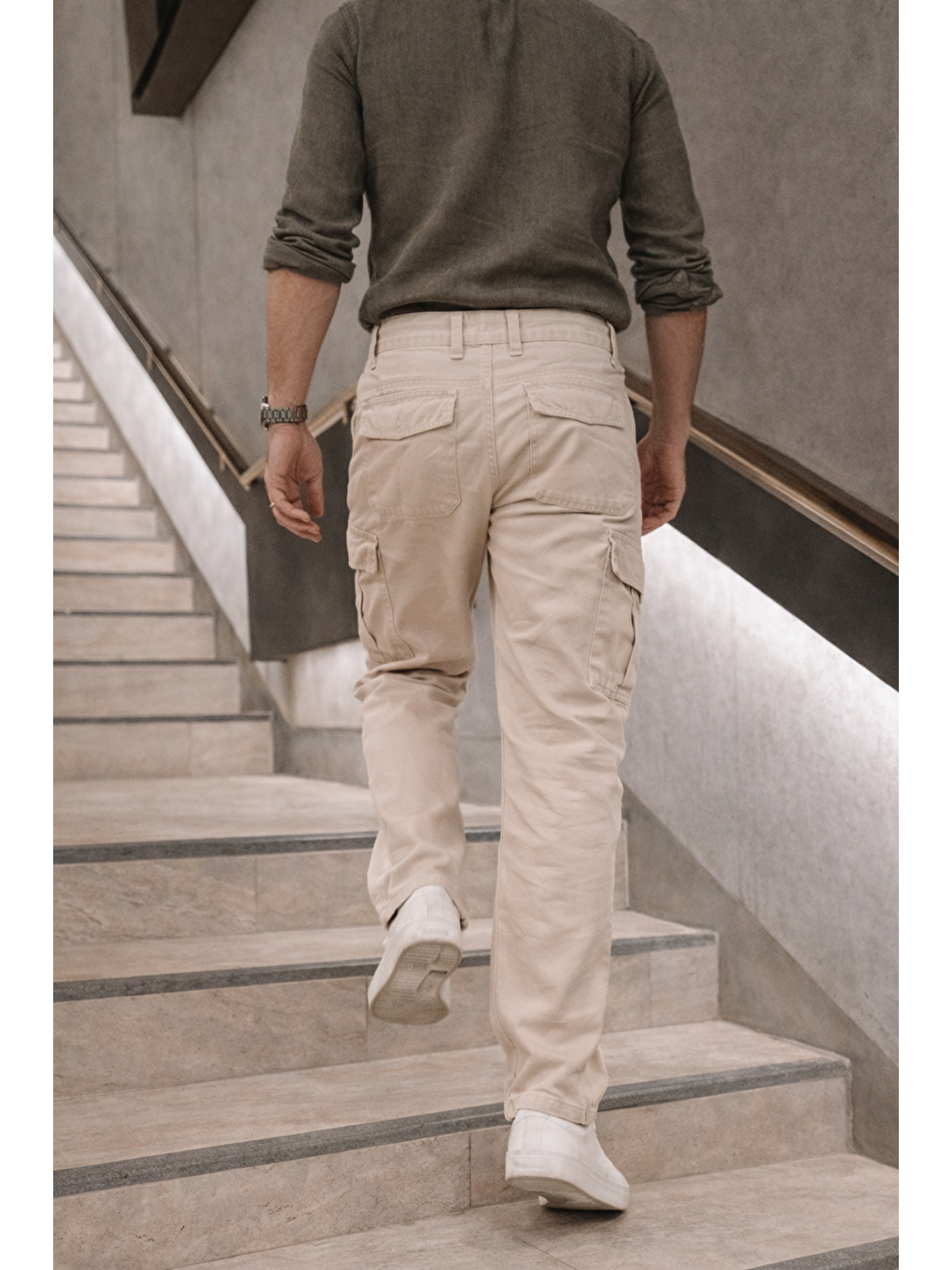 Erkek Yüksek Bel Bol Paça Bej Kargo Baggy Pantolon-5