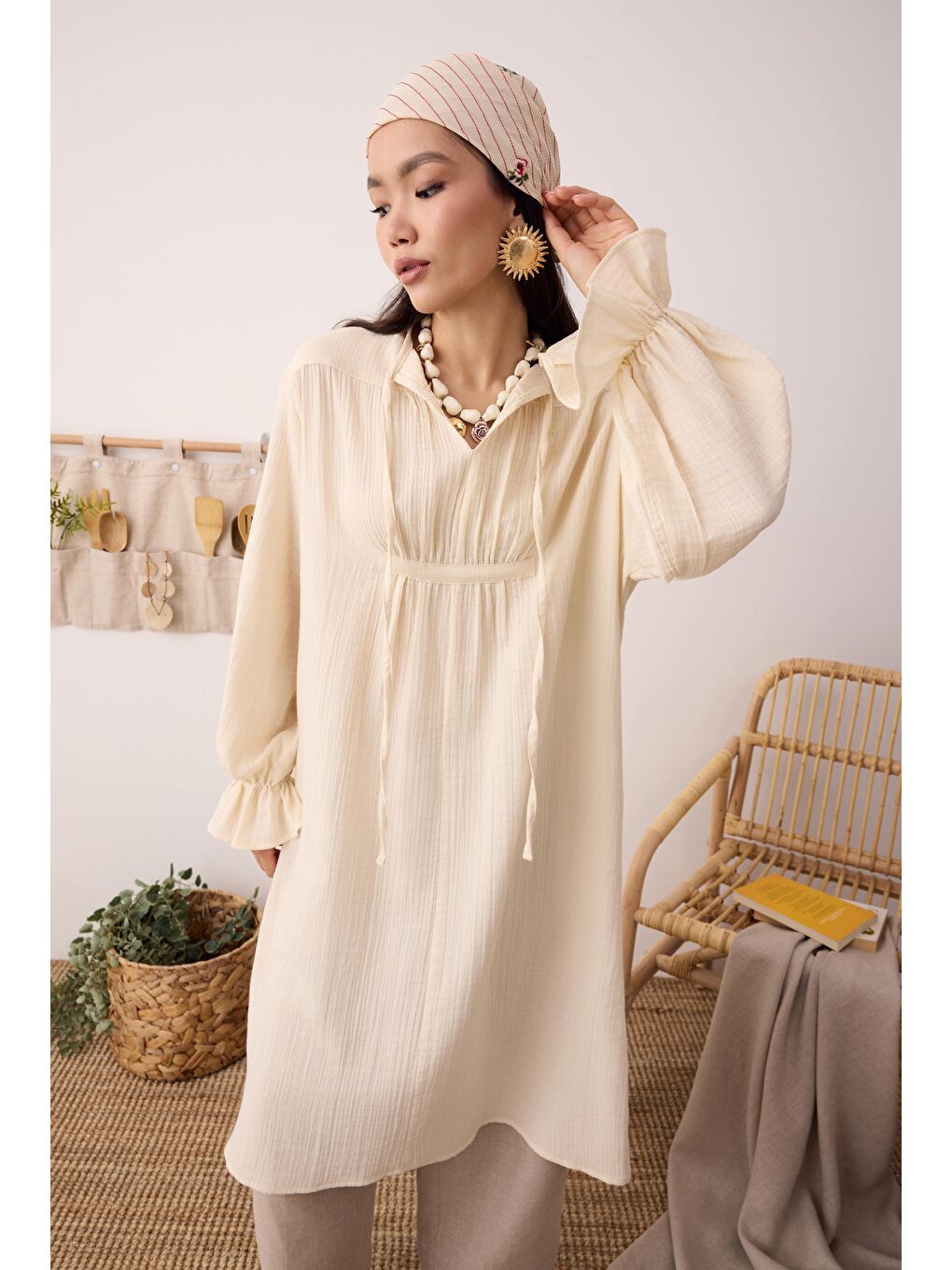 Bej Çok Büzgülü Müslin Tunik Kemik-3