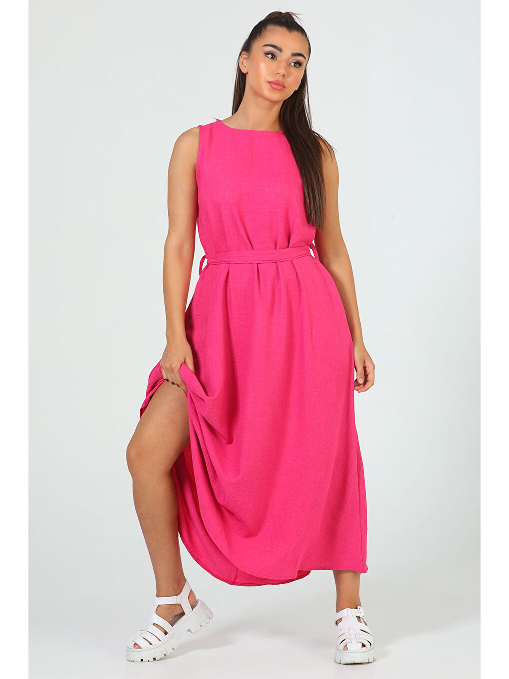 Fuşya Kadın Bisiklet Yaka Cep Detaylı Bel Kuşaklı Uzun Elbise-3