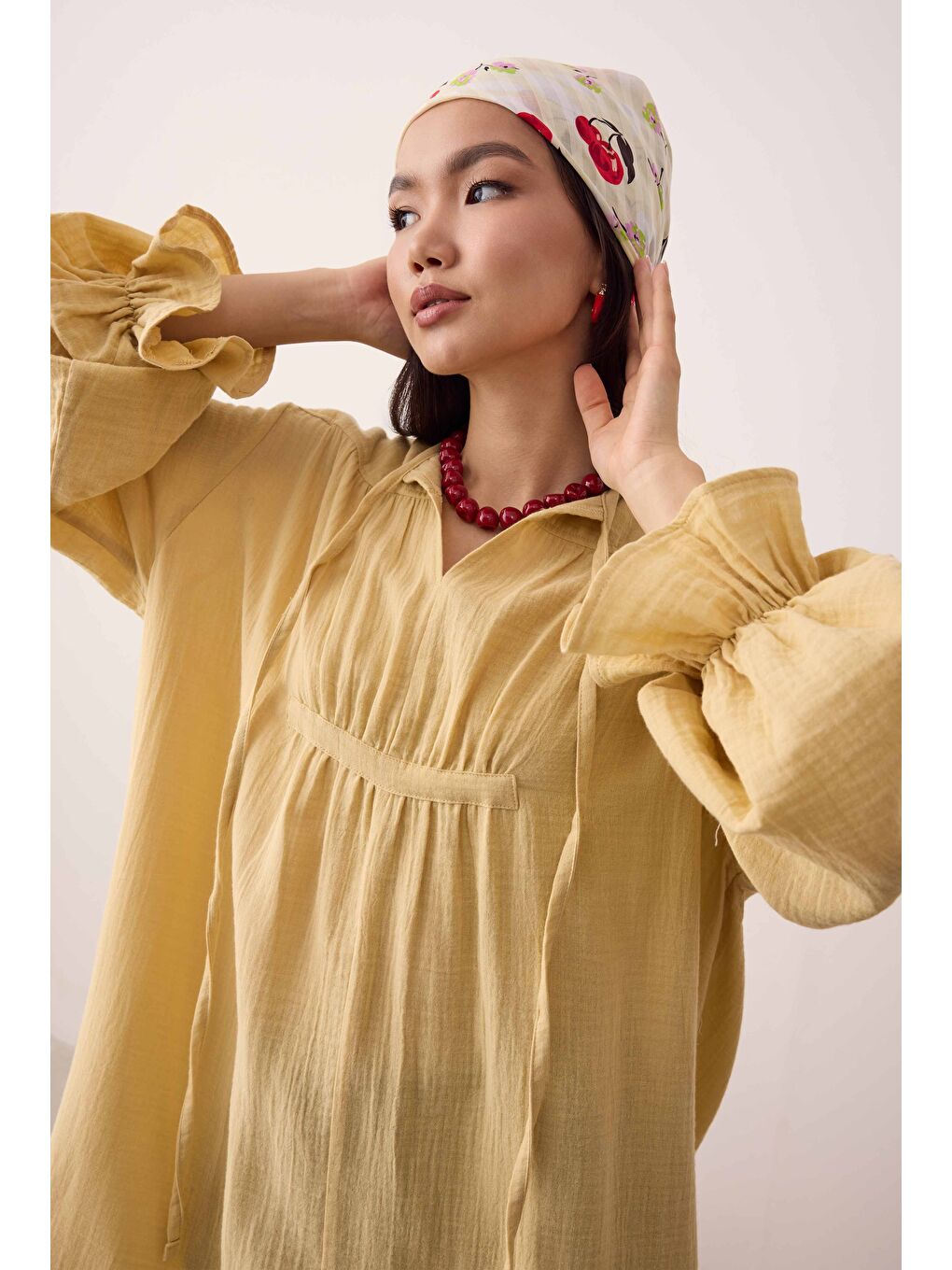 Çok Büzgülü Müslin Tunik Soft Sarı
