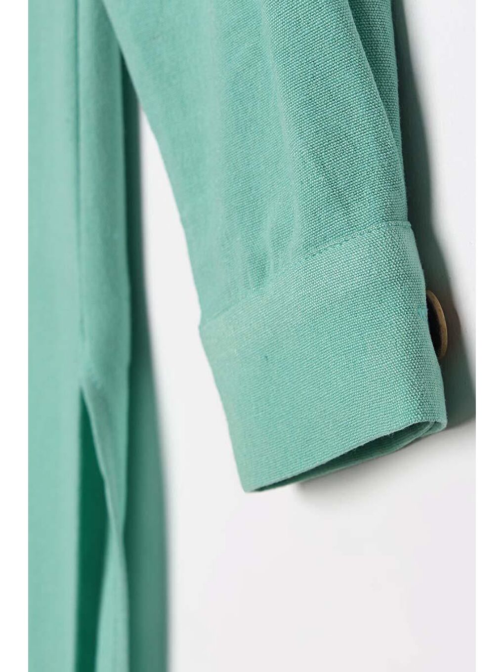 Soft Yeşil-Dik Yaka Önden Yırtmaçlı Viskon Keten Tunik-5