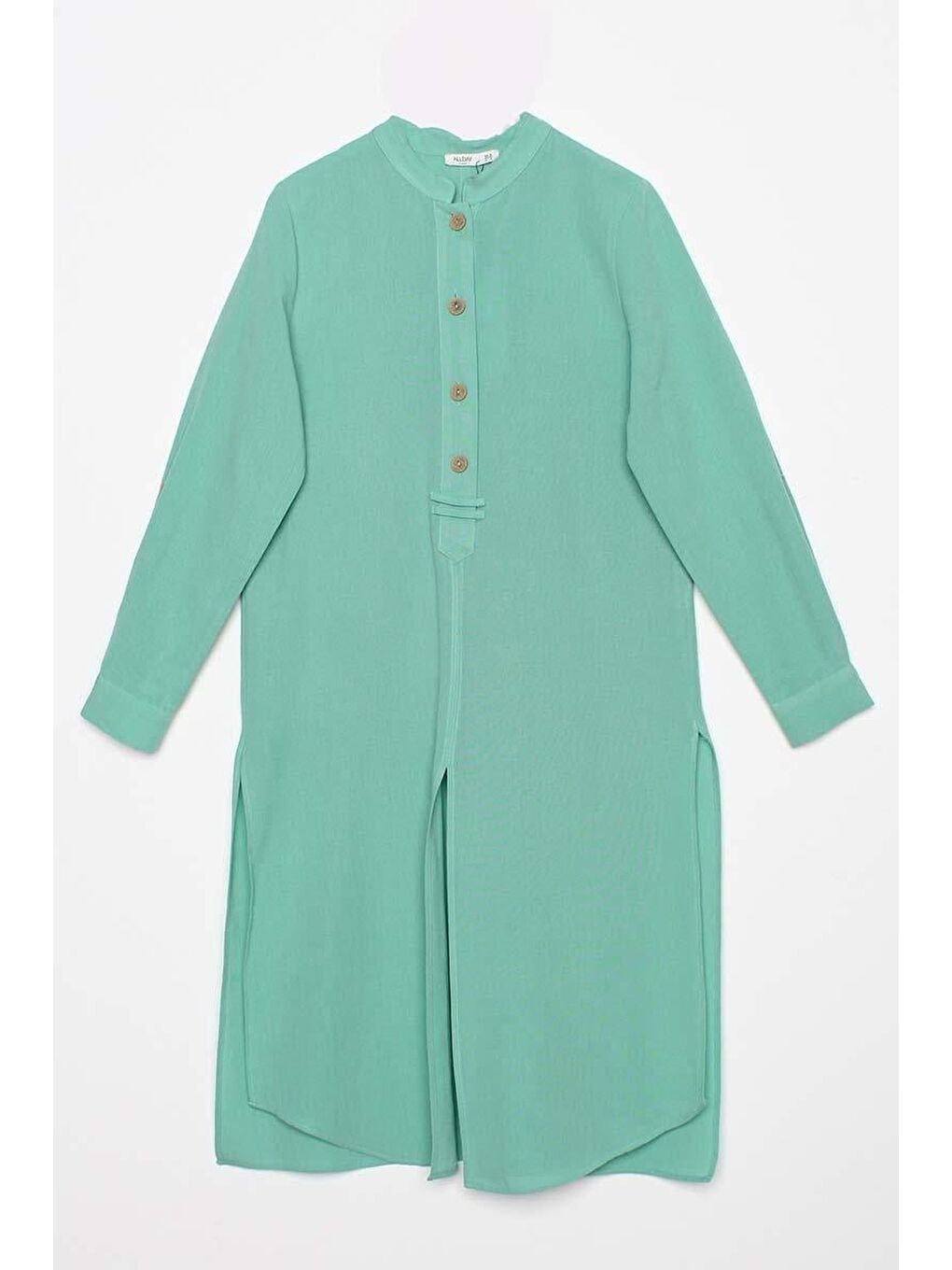 Soft Yeşil-Dik Yaka Önden Yırtmaçlı Viskon Keten Tunik-6