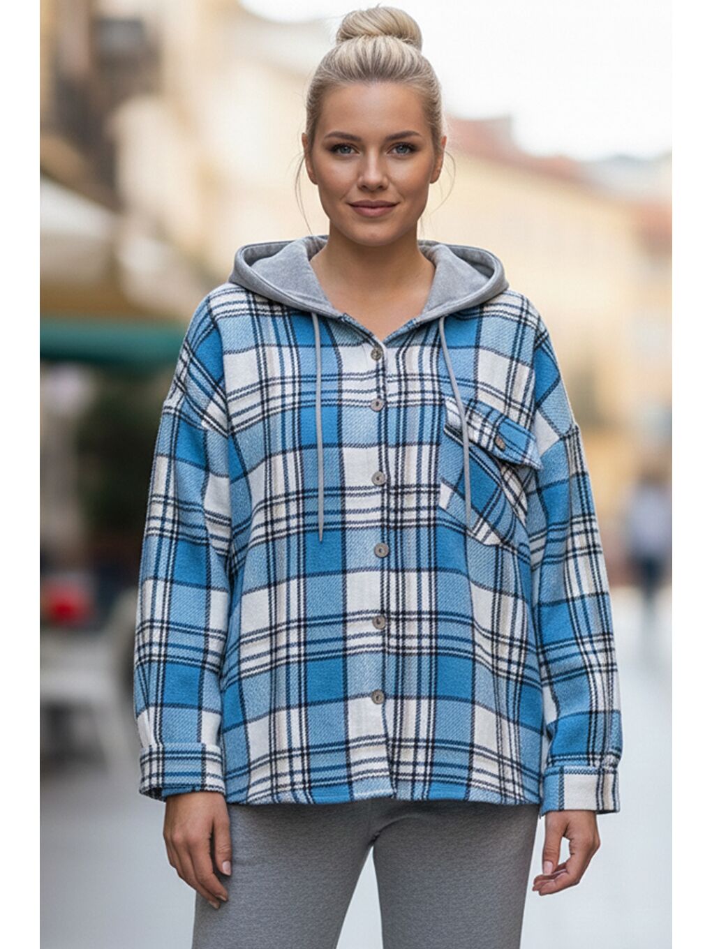 Mavi Kapüşonlu Uzun Kol Oduncu Ekose Düğmeli Cepli Dokuma Gömlek 68 65