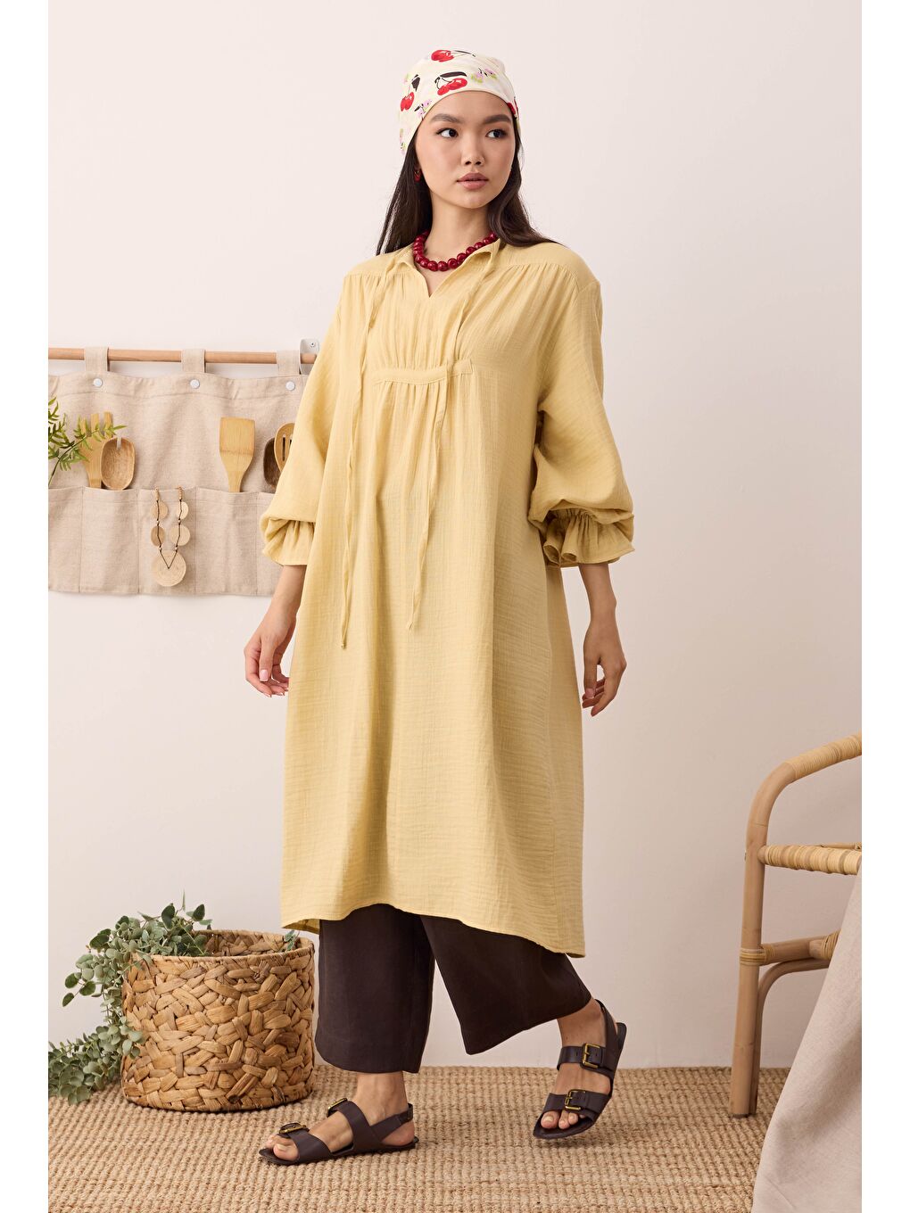 Çok Büzgülü Müslin Tunik Soft Sarı-1