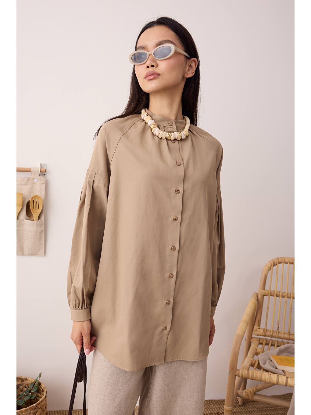Kahverengi Balon Kollu Gömlek Latte-4