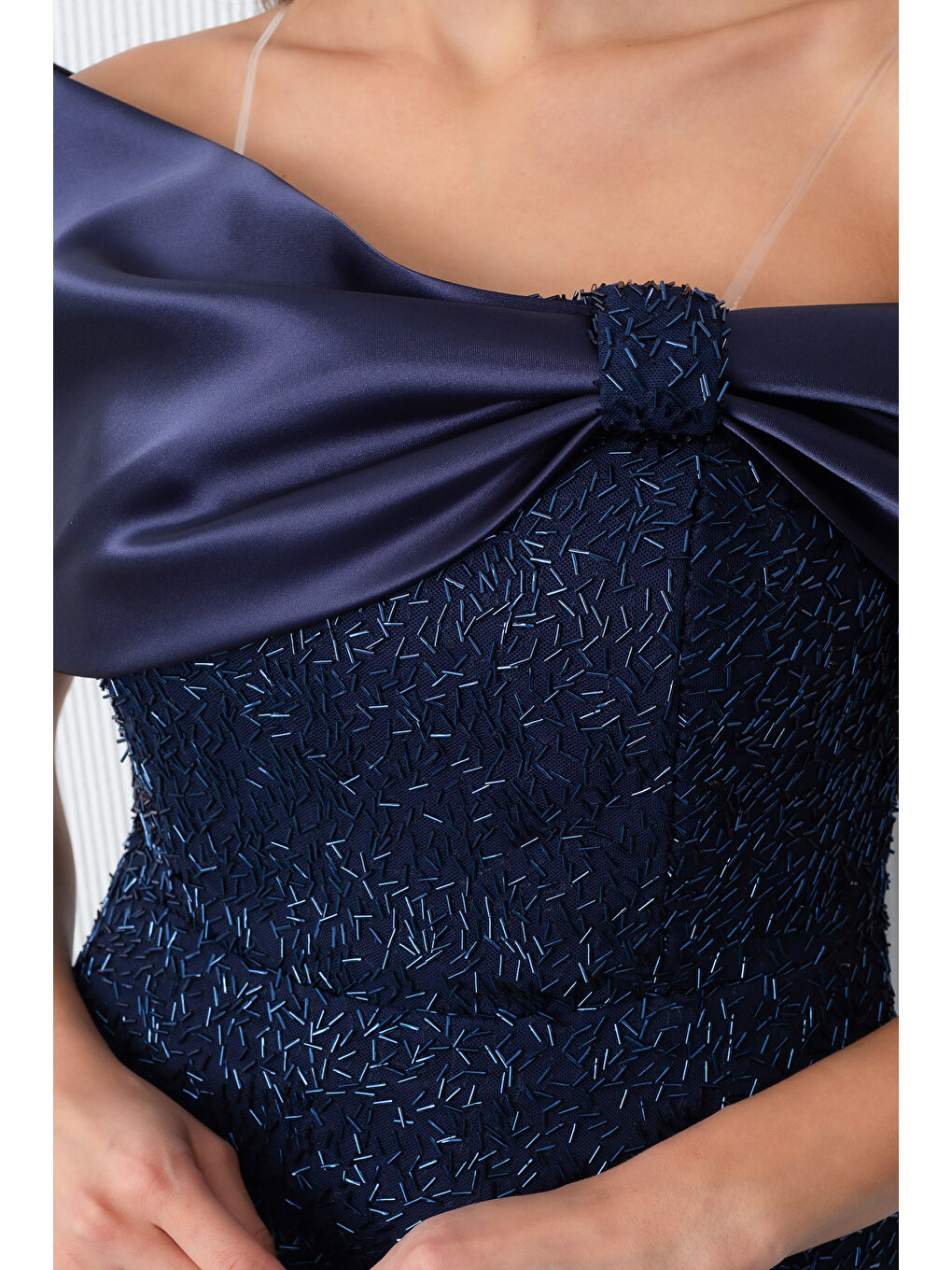 Kadın Lacivert Yaka Detay Boncuklu Midi Söz Nişan Abiye Elbise-3